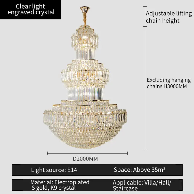 Multi-tiered decorbites crystal chandelier with clear engraved crystal and gold electroplated accents for elegant spaces
