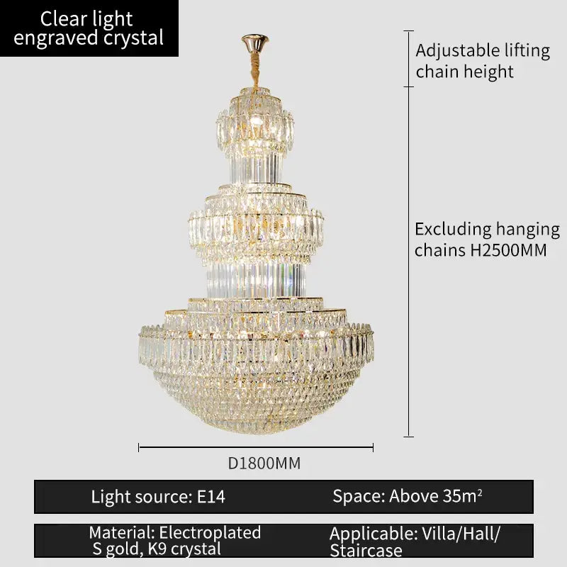 DecorBites crystal chandelier with clear engraved crystal and gold electroplated accents for elegant villas and halls