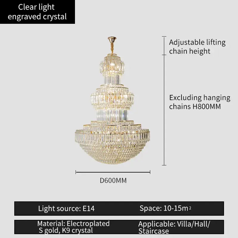 A multi-tiered decorbites crystal chandelier with clear engraved crystal and gold electroplated accents for elegant spaces