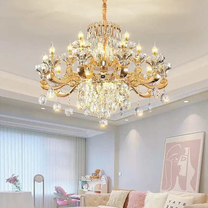Gold-toned decorbites crystal chandelier with intricate crystal droplets and ornate arms for elegant living spaces
