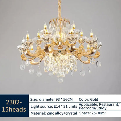 Gold-finished decorbites crystal chandelier with 15 light sources and intricate crystal droplets for elegant lighting
