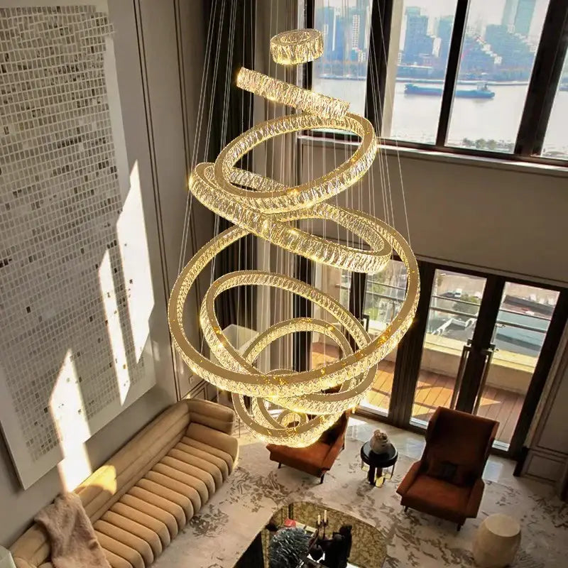 Golden spiral decorbites crystal chandelier pendant light with crystal accents for elegant living room and stair lighting