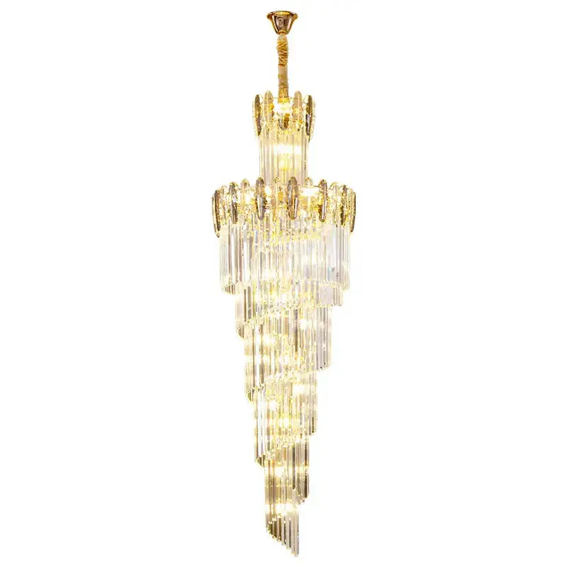 Elegant gold-toned decorbites crystal chandelier with cascading clear crystal prisms for minimalist duplex lighting