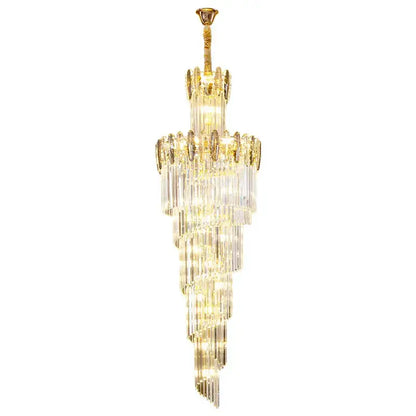 Elegant gold-toned decorbites crystal chandelier with cascading clear crystal prisms for minimalist duplex lighting