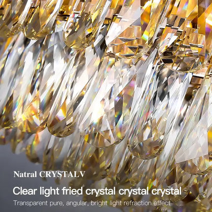 A decorbites crystal chandelier with clear angular crystals refracting golden light for elegant bedroom and living room lighting