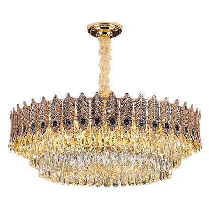 Decorbites crystal chandelier with golden feather design, cascading crystal droplets, and polished brass finish for elegant lighting