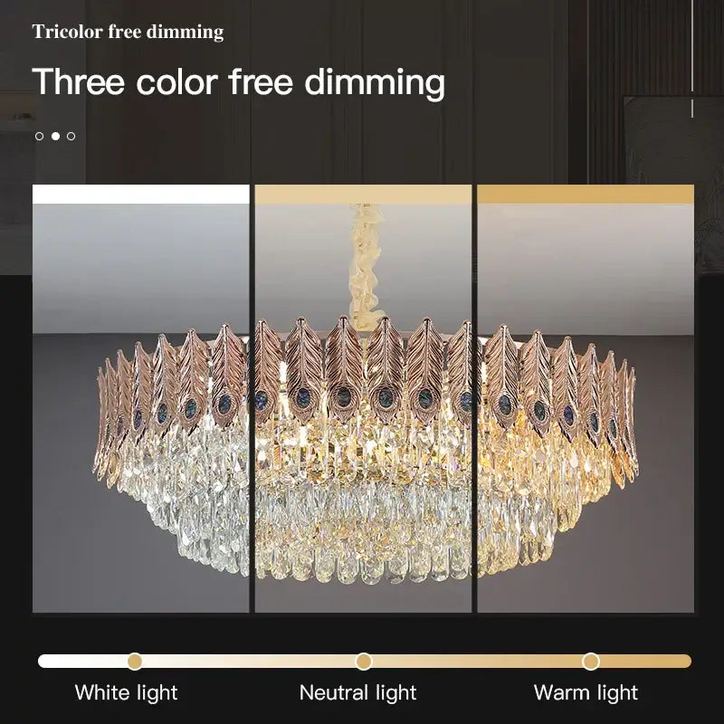 A luxurious gold-toned decorbites crystal chandelier with intricate feather-like metalwork and dimmable crystal droplets