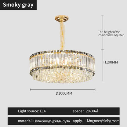Elegant smoky gray decorbites crystal chandelier with gold electroplated frame and k9 crystal accents for modern spaces