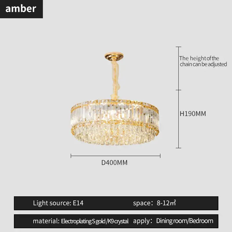 Gold electroplated DecorBites crystal chandelier with two tiers of clear k9 crystal prisms for dining and bedroom spaces
