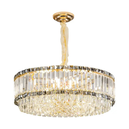 Decorbites crystal chandelier featuring two-tiered crystal design with gold metal accents and marble pendant for elegant lighting