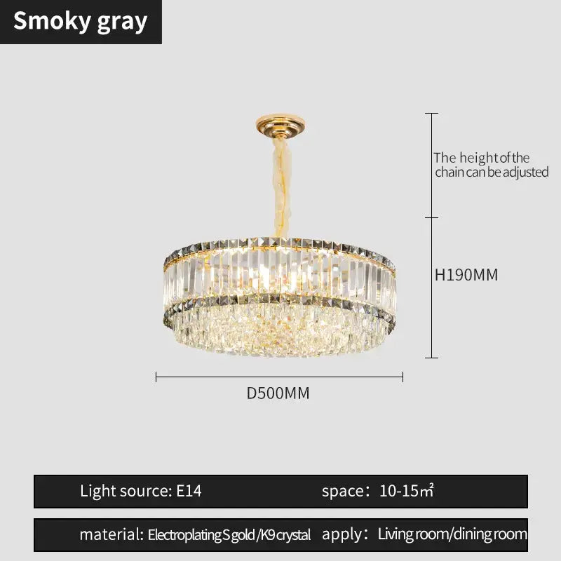 A sleek two-tiered decorbites crystal chandelier with smoky gray electroplated gold finish and k9 crystals