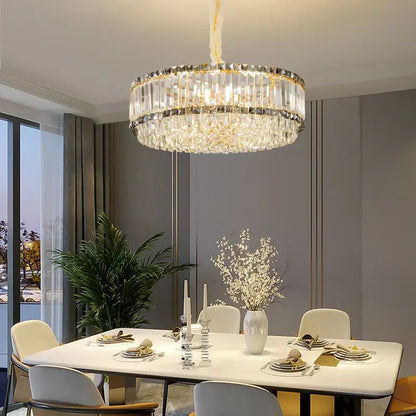 Decorbites crystal chandelier with gold-toned frame and clear faceted crystals for elegant modern lighting use