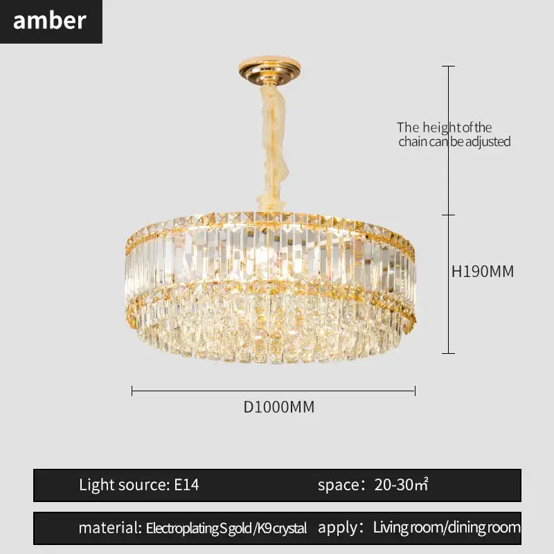 Decorbites crystal chandelier with amber k9 crystal prisms and gold-plated frame for elegant living and dining spaces