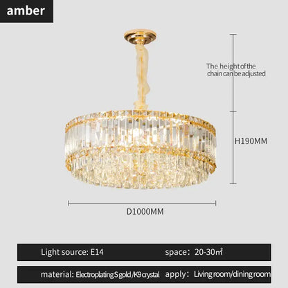 Decorbites crystal chandelier with amber k9 crystal prisms and gold-plated frame for elegant living and dining spaces