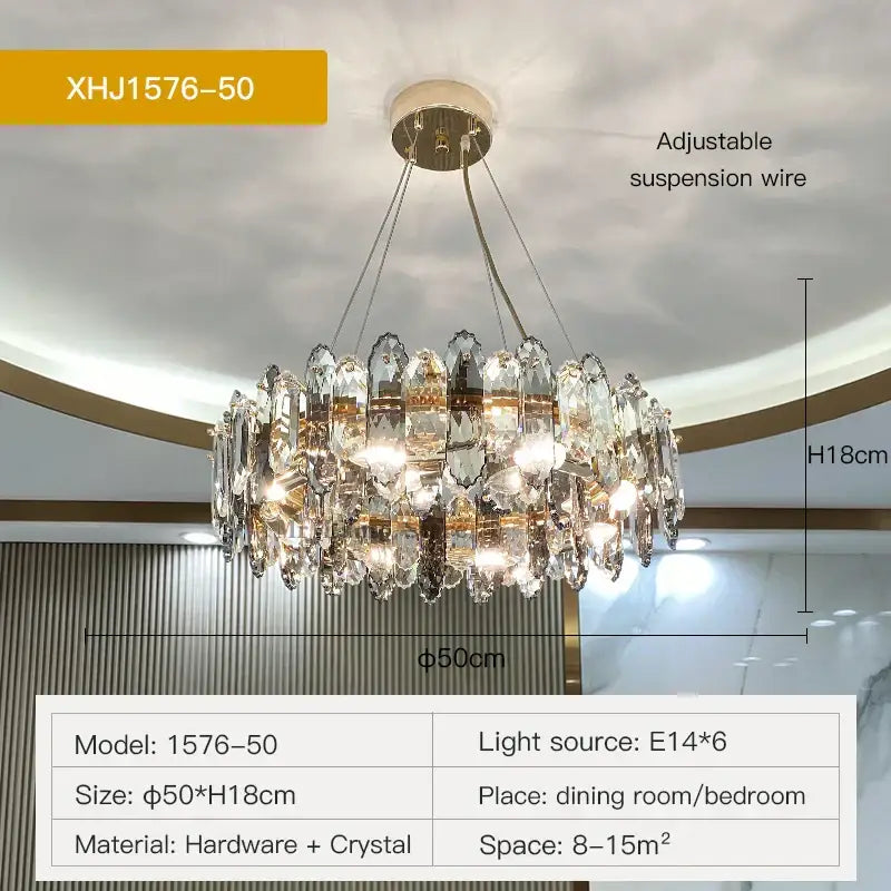 Elegant decorbites crystal chandelier with clear and gold-toned faceted crystals and polished metal hardware for living spaces