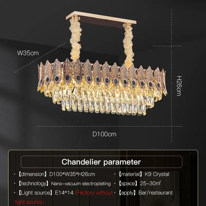 Gold-toned decorbites crystal chandelier with peacock feather design and cascading k9 crystal droplets for living room lighting