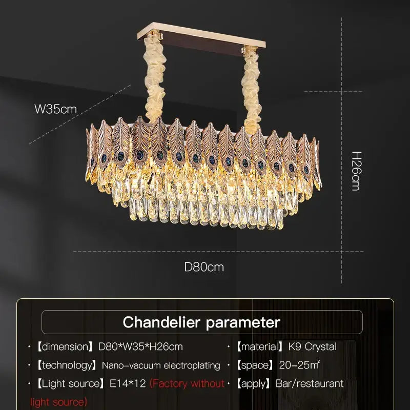Gold-toned decorbites crystal chandelier with peacock feather design and cascading k9 crystal droplets for living rooms and bedrooms