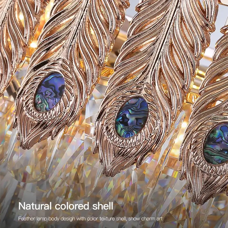 Golden feather-shaped lamp fixtures with iridescent blue and green abalone shell inlays in decorbites crystal chandelier for living room lighting