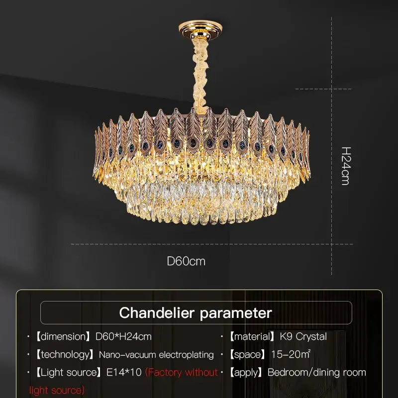 Gold-toned DecorBites crystal chandelier with intricate feather-shaped k9 crystals for elegant living room lighting