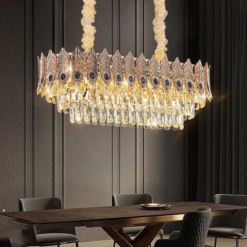 DecorBites crystal chandelier gold-toned peacock feather shape with dark blue gemstones for living room lighting