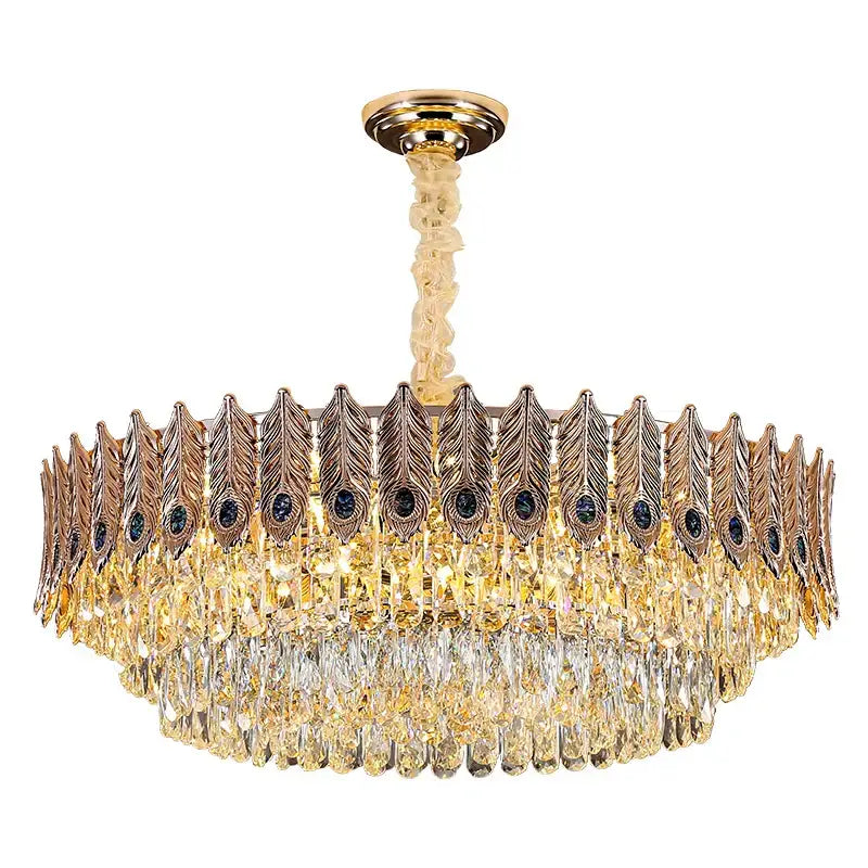 Gold-toned peacock feather decorbites crystal chandelier with cascading amber and clear crystal droplets for elegant lighting