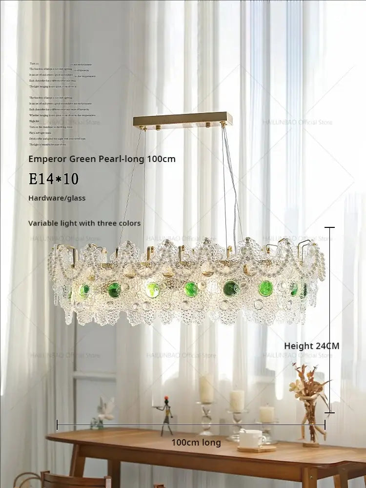 A 100cm emperor green pearl decorbites crystal chandelier with lace-like glass and emerald crystals in a gold frame