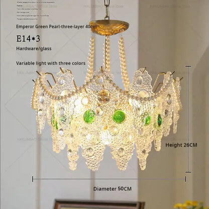 DecorBites crystal chandelier green pearl three-layer with gold hardware and crystal glass shades for elegant retro lighting