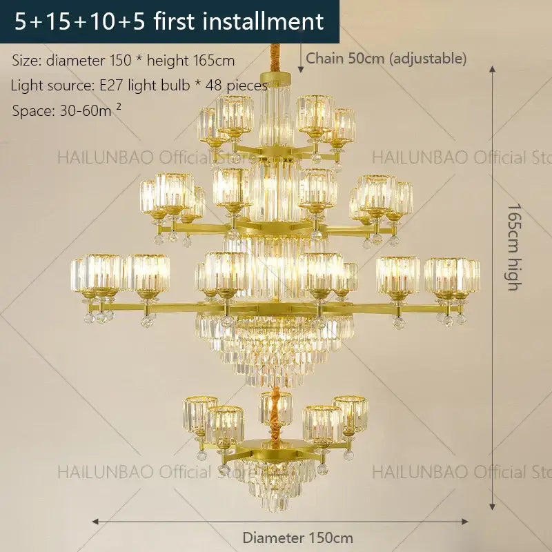 Gold-toned decorbites crystal chandelier with multi-tiered crystal glass shades and dangling crystals for elegant lighting