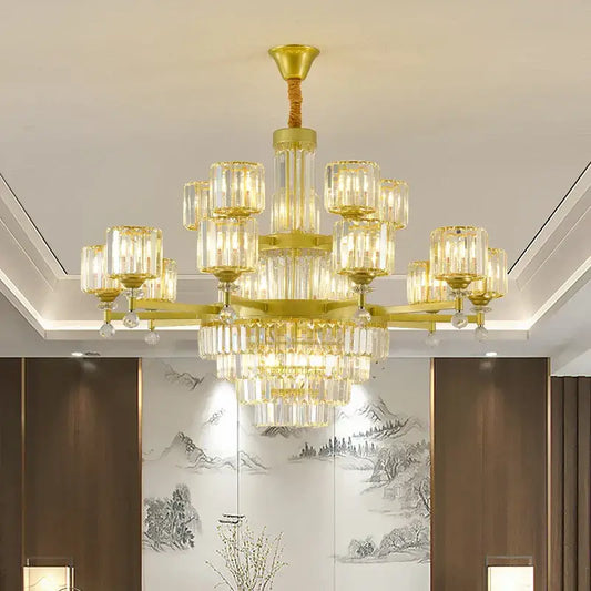 A luxurious gold-toned decorbites crystal chandelier with clear glass crystal shades for elegant living spaces