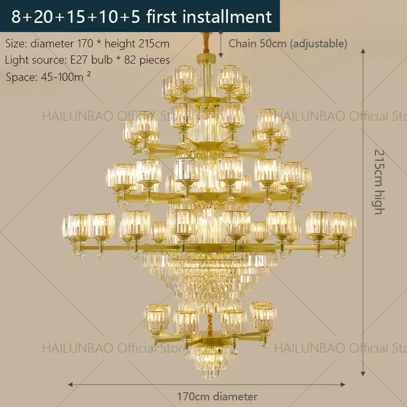 Golden multi-tiered decorbites crystal chandelier with crystal glass shades and adjustable chain for elegant lighting