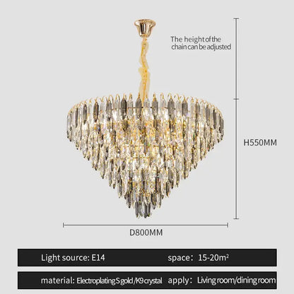 Decorbites crystal chandelier with gold electroplated tiers and clear smoky k9 crystals for elegant living spaces