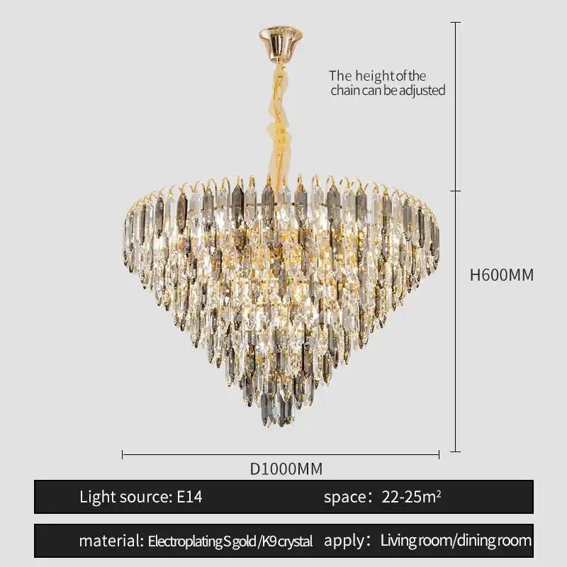 DecorBites crystal chandelier gold-plated with clear and smoky crystal prisms for elegant living room and hotel lobby lighting