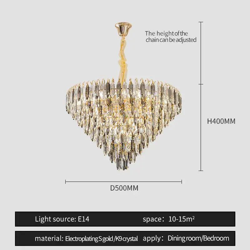 DecorBites crystal chandelier with gold-plated frame and cascading clear gray k9 crystals for elegant living spaces