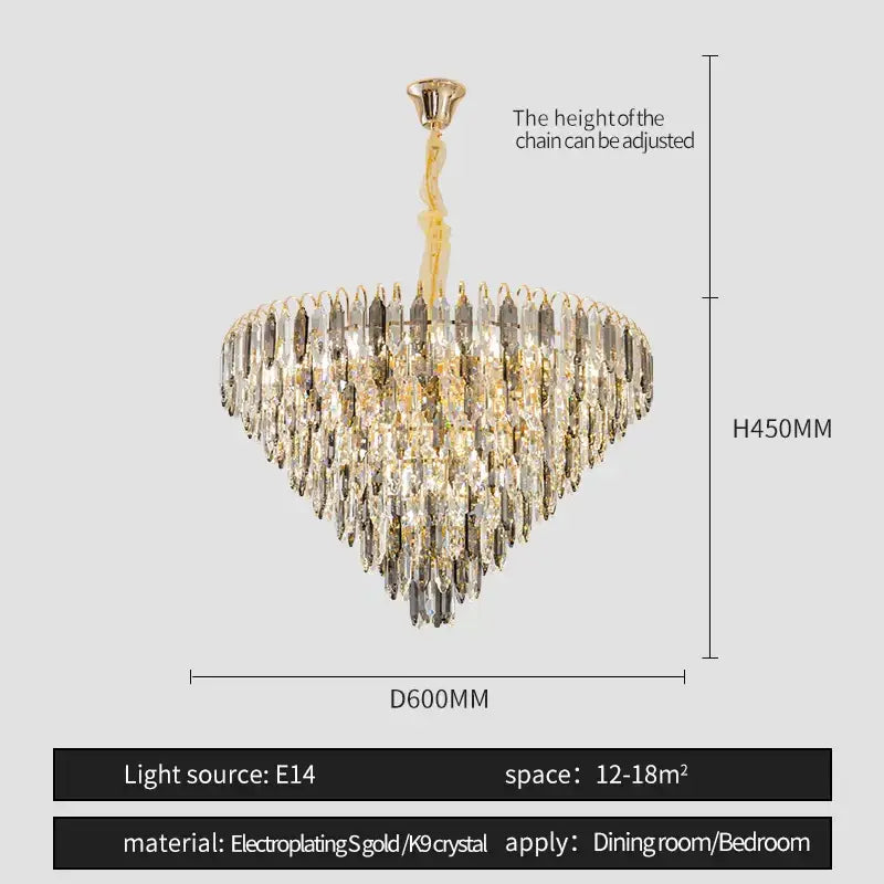 Gold electroplated decorbites crystal chandelier with cascading clear and silver k9 crystals for elegant interiors