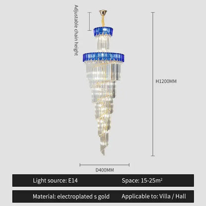 Elegant decorbites crystal chandelier with clear crystal prisms blue glass accents and electroplated gold finish