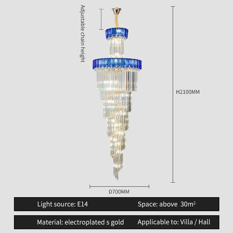 Elegant decorbites crystal chandelier with blue and clear crystals and electroplated gold accents for villa lighting