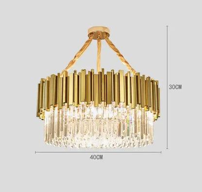 Gold-toned decorbites crystal chandelier with vertical metallic bars and cascading crystals for elegant living space lighting
