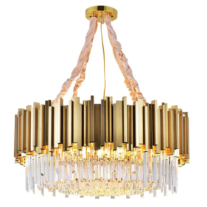 Gold-toned decorbites crystal chandelier with vertical brass bars and crystal prisms suspended by pink satin cords for living room
