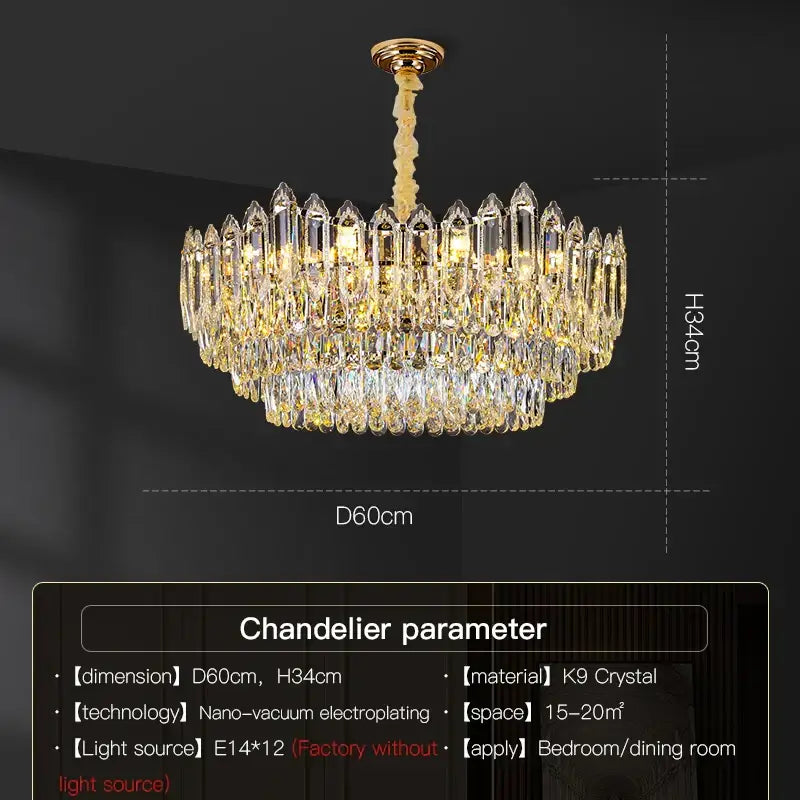 A luxurious gold-toned decorbites crystal chandelier with k9 crystal prisms for elegant living, dining, and bedroom spaces