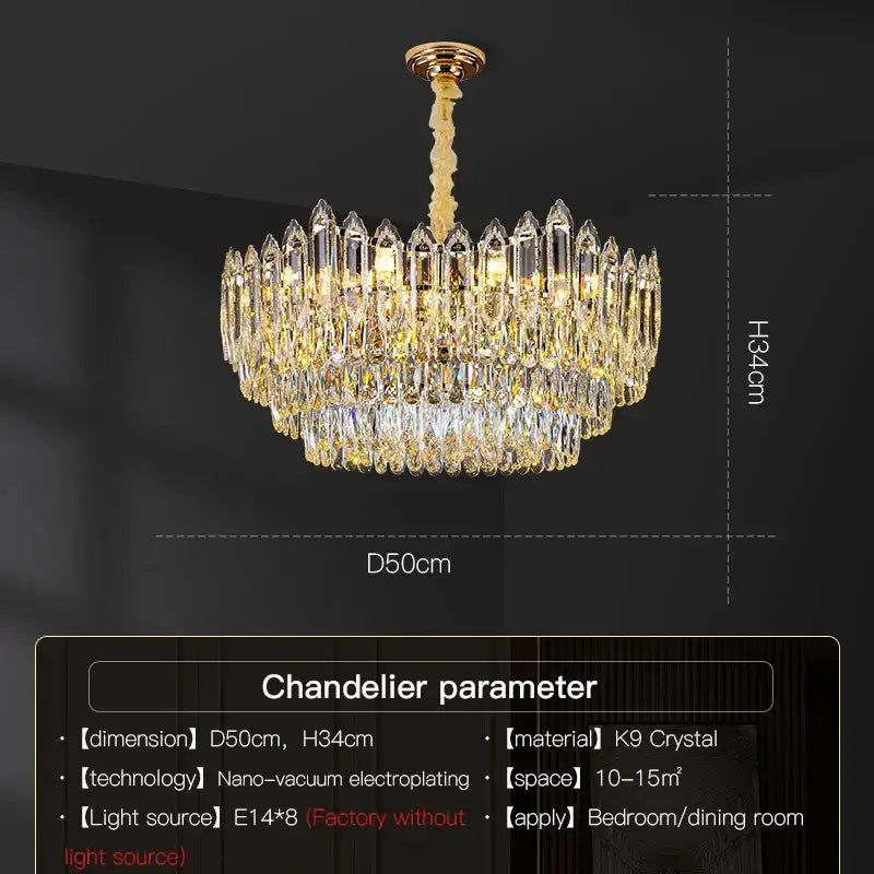 Golden-toned decorbites crystal chandelier with cascading k9 crystal prisms for living room bedroom and dining room