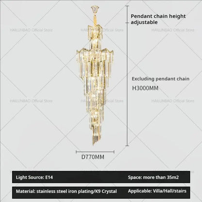 Decorbites crystal chandelier with golden cascading k9 crystal tiers and stainless steel iron plating for luxury lighting