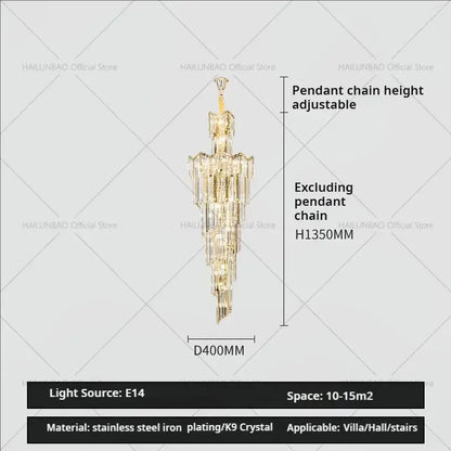 Decorbites crystal chandelier with cascading k9 crystal prisms and polished stainless steel frame for luxury villa lighting