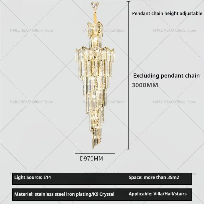 Golden tiered decorbites crystal chandelier with cascading k9 crystal strands and stainless steel iron plating for luxury lighting
