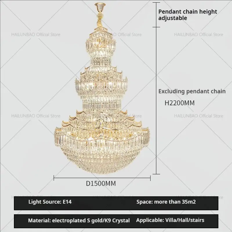 A multi-tiered gold electroplated decorbites crystal chandelier with k9 crystals for european villa lobby staircase use