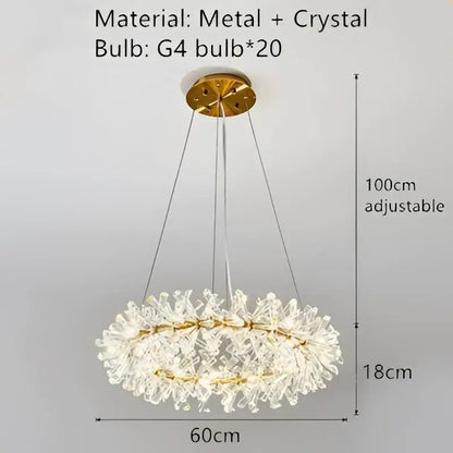 Gold-toned metal decorbites crystal chandelier flower luxury round rings hang lamp with crystal accents and 20 g4 bulbs for indoor use