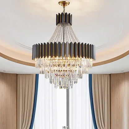 Elegant black and gold decorbites crystal chandelier with cascading crystal droplets for duplex, hotel, villa, and home