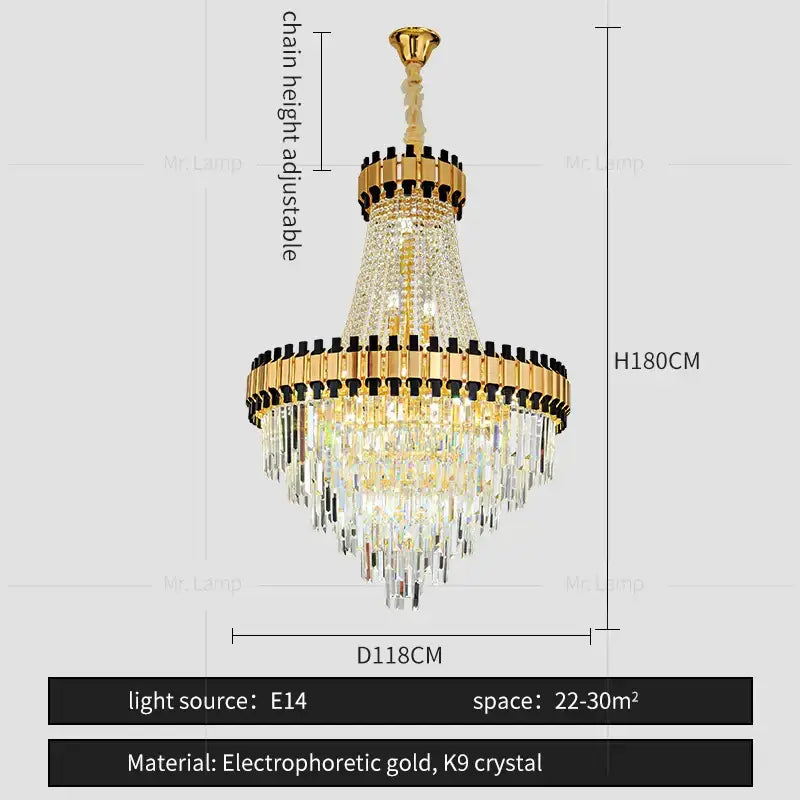 Elegant gold decorbites crystal chandelier with tiered cascading k9 crystals and intelligent dimming for duplex villa living room