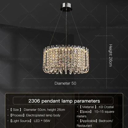DecorBites crystal chandelier featuring a circular k9 crystal design with electroplated metal frame and LED lighting