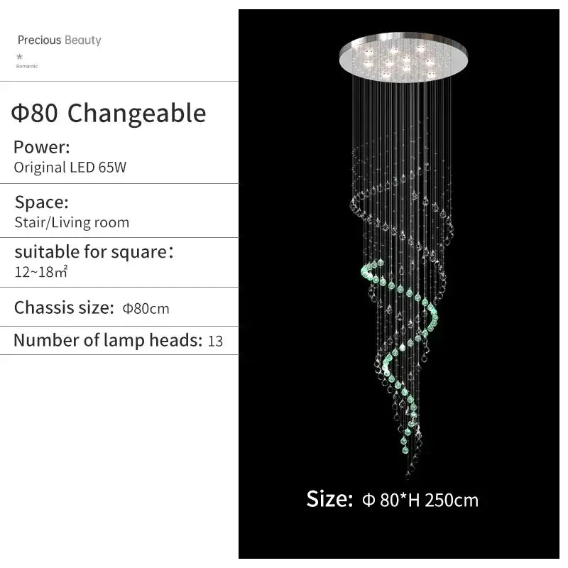 Elegant decorbites crystal chandelier with silver spiral design and cascading clear and mint-green crystal beads for high ceilings
