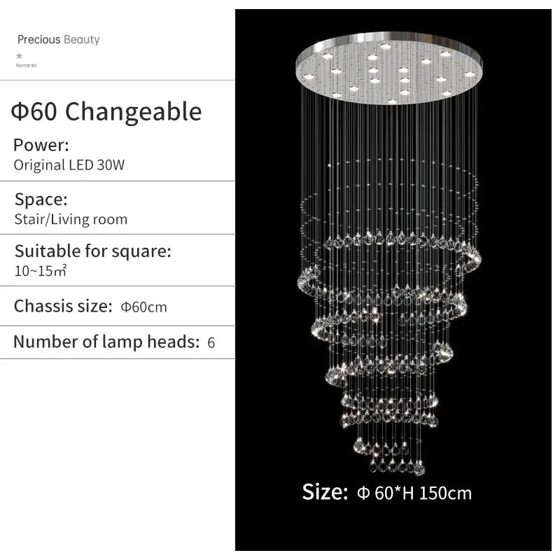 A decorbites crystal chandelier with circular chrome base and cascading clear faceted crystals for high ceilings